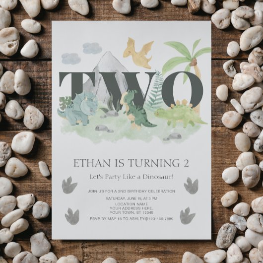 ジャングル第2バースデーウォーターカラー恐竜パーティー 招待状