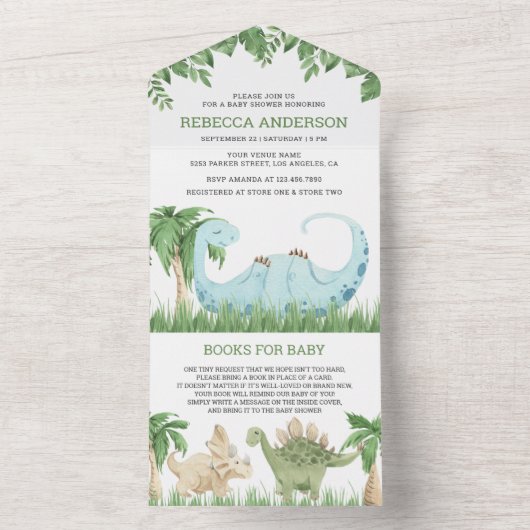 ジャングル素朴でかわいく眠れる恐竜のベビーシャワー オールインワン招待状 (内側)