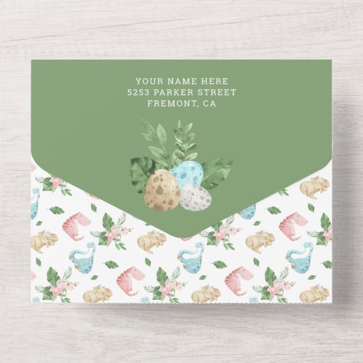 ジャングル素朴でかわいく眠れる恐竜のベビーシャワー オールインワン招待状 (裏面)