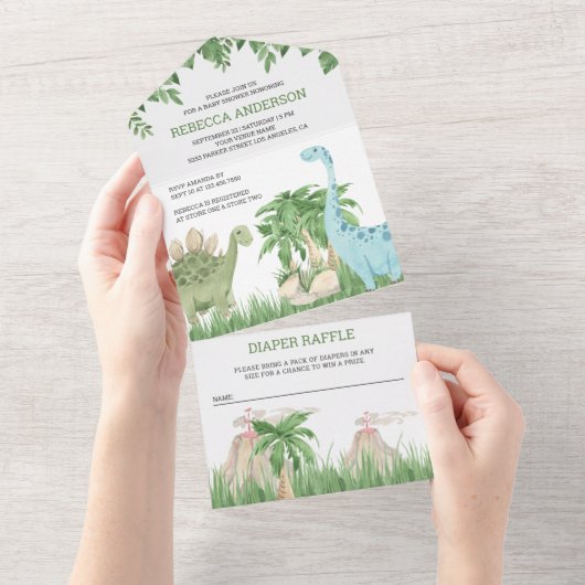 ジャングル素朴の水彩可愛い恐竜の赤ちゃんシャワー オールインワン招待状 (貼ってはがせる)