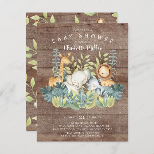 ジャングル素朴アニマルニュートラル赤ちゃんシャワー 招待状 (正面/裏面)