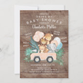 ジャングル素朴動物の女の子ベビーシャワーでドライブ 招待状 (正面)