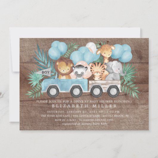 ジャングル素朴動物の男の子の赤ちゃんシャワーでドライブ 招待状 (正面)