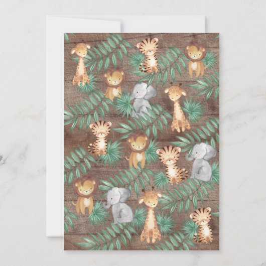 ジャングル素朴動物の男の子の赤ちゃんシャワーでドライブ 招待状 (裏面)
