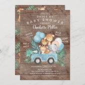 ジャングル素朴動物の男の子の赤ちゃんシャワーでドライブ 招待状 (正面/裏面)