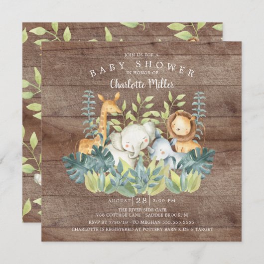 ジャングル素朴動物の赤ちゃんシャワー 招待状 (正面/裏面)