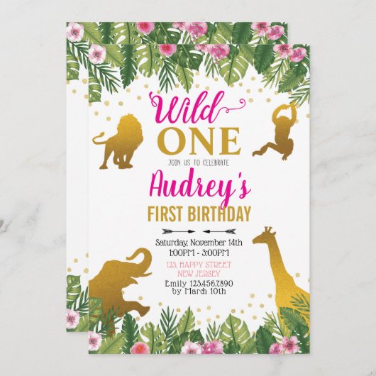ジャングル誕生日招待状。ガールファースト誕生日 招待状 (正面/裏面)