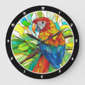 ジャングル調和» – ステンドグラスのオウム ラージ壁時計 (正面)