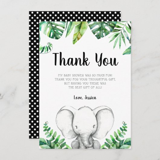 ジャングル象の男の子のベビーシャワーの黒 サンキューカード (正面/裏面)