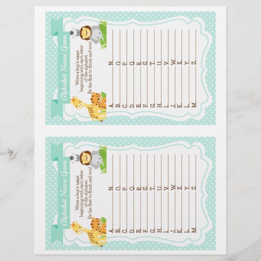 ジャングル赤ちゃんシャワーアルファベットボーイズネームゲーム (正面)