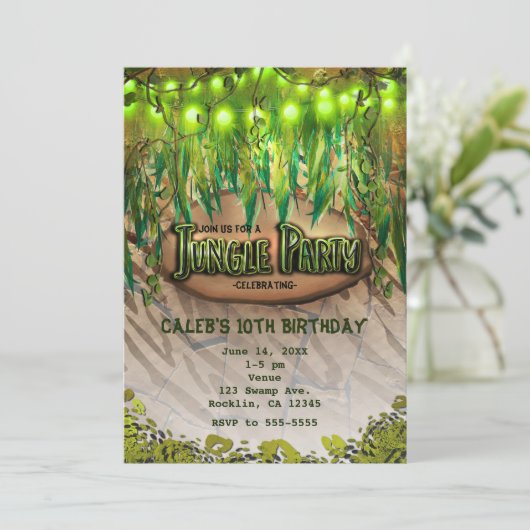 ジャングル離れパーティーとアニマルプリント招待状 招待状 (スタンド正面)