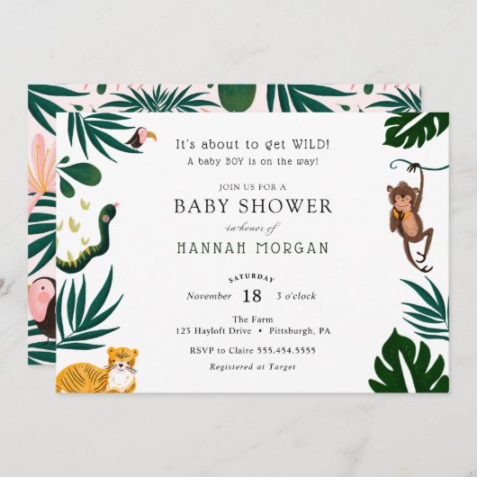 ジャングル風のベビーシャワー 招待状 (正面/裏面)