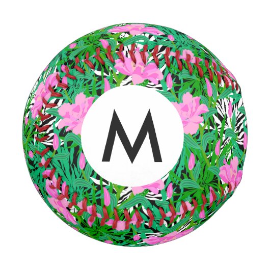 ジャングル風の花が咲く熱帯の模様 野球ボール (正面左)