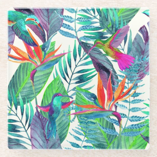 ジャングル2の水彩画Humminbirds ガラスコースター (正面)