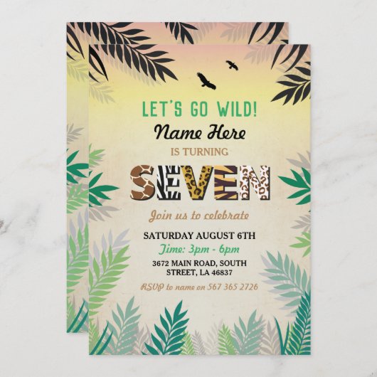 ジャングル7誕生日7パーティーサファリZOOワイルド 招待状 (正面/裏面)