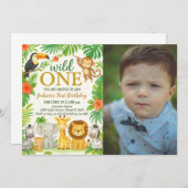 ジャングル・アニマル 1歳の誕生日パーティー 招待状 (正面/裏面)