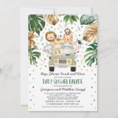 ジャングル·サファリの動物がベビーシャワーを車で通過 招待状 (正面)