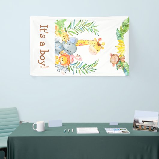 ジャングル·サファリの動物たちがかわいい子ども用シャワー 横断幕 (トレードショー)