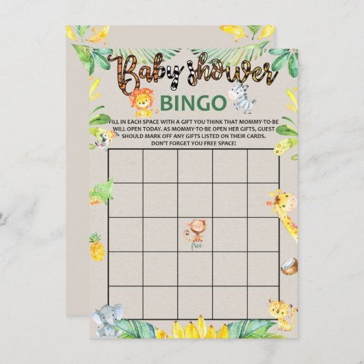 ジャングル·サファリの動物たちがベビーシャワービンゴゲームカード エンクロージャーカード (正面/裏面)