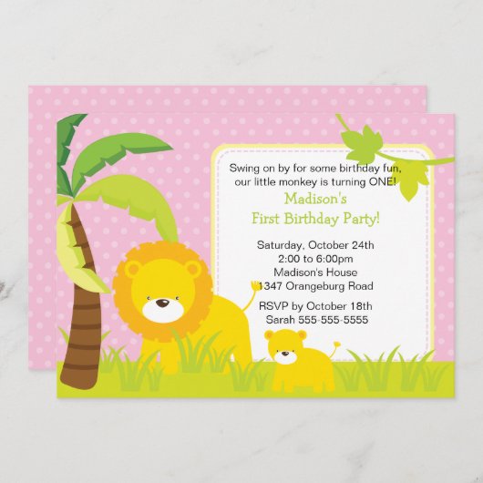 ジャングル·サファリ·ライオンズの誕生日パーティーの招待 招待状 (正面/裏面)