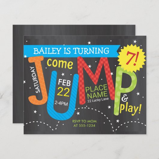 ジャンバースデーパーティーカラーオンチョークバジェット招待状 (正面/裏面)