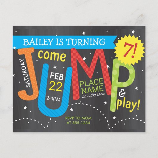 ジャンバースデーパーティーカラーオンチョークバジェット招待状 (正面)