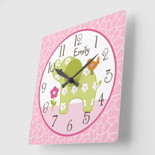 ジャンパーソナライズされたグルガールエレファント子供部屋時計 スクエア壁時計 (傾斜)