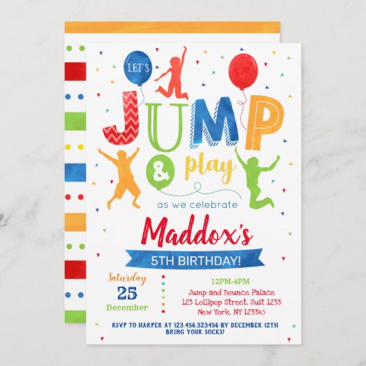 ジャンピングバースデー招待状 バウンストランポリンパーティー 招待状 (正面/裏面)