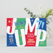 ジャンピングパーティー かわいい 赤と青の男の子の誕生日 招待状 (スタンド正面)