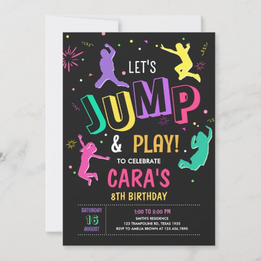 ジャンプして女の子の遊誕生パーティー 招待状 (正面)