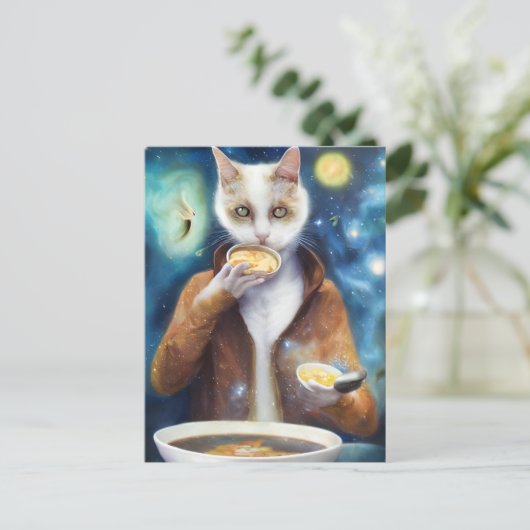 ジャンプスーツ食べのスープの猫AIがアートを生み出した ポストカード (スタンド正面)