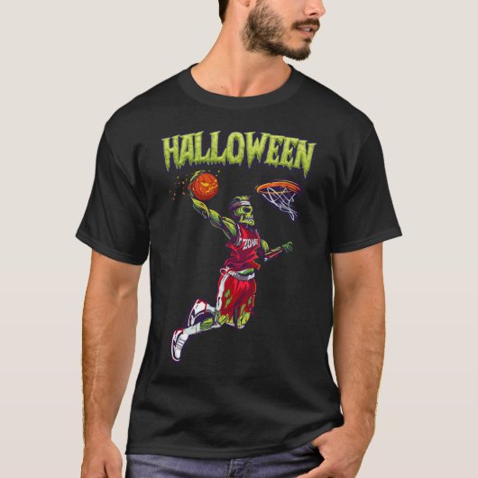 ジャンプゾンビバスケットボールダンクプレーヤーハロウィーンパンプク Tシャツ (正面)