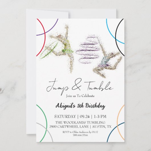 ジャンプタンブルガールギムナスト誕生日招待 招待状 (正面)