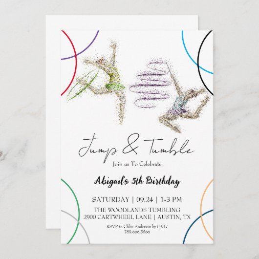 ジャンプタンブルガールギムナスト誕生日招待 招待状 (正面/裏面)