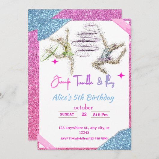 ジャンプタンブル&体操遊体学をテーマにした誕生日 招待状 (正面/裏面)