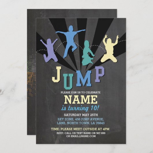 ジャンプトランポリンバースデーパーティーブルーボーイズ招待状 招待状 (正面/裏面)