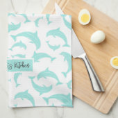 ジャンプドルフィンアクアパーソナライズされた キッチンタオル (四つ折り)