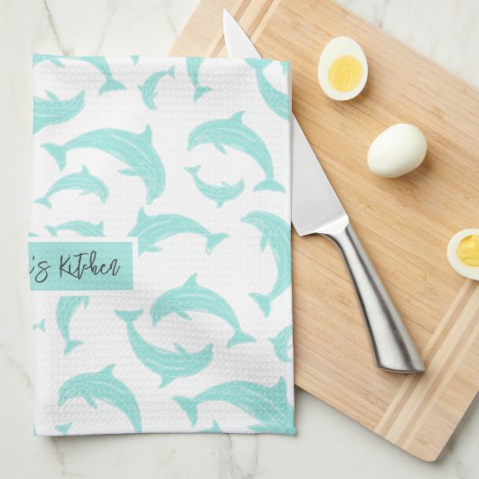 ジャンプドルフィンアクアパーソナライズされた キッチンタオル (四つ折り)