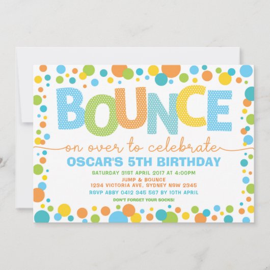 ジャンプバウンスカラフルトランポリン誕生日パーティー 招待状 (正面)