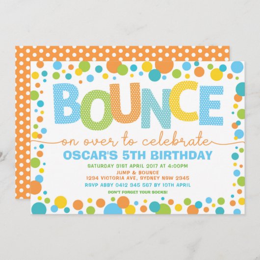 ジャンプバウンスカラフルトランポリン誕生日パーティー 招待状 (正面/裏面)