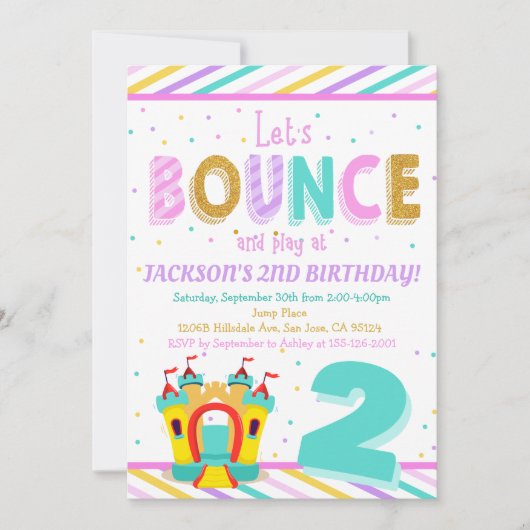 ジャンプバウンスハウスカラフル子供の誕生日パーティー 招待状 (正面)