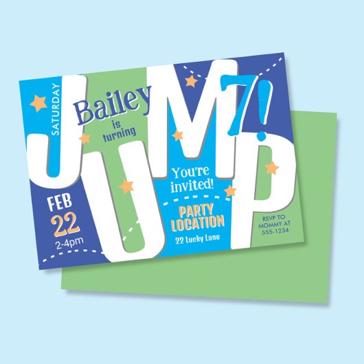 ジャンプパーティーかわいいブルーグリーンボーイ誕生日 招待状