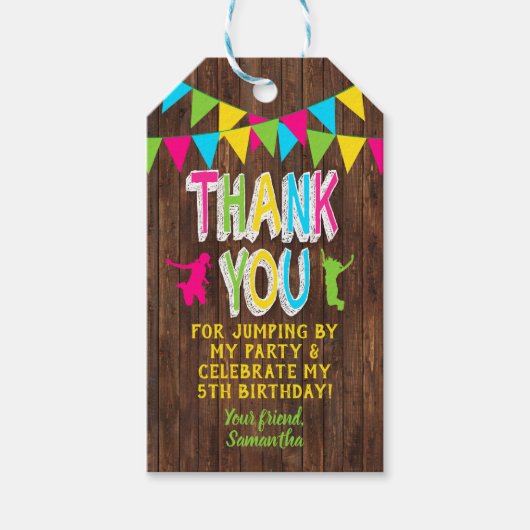 ジャンプパーティーバウンスピンクティール(緑がかった色)紫メッセージカード ギフトタグ (正面)