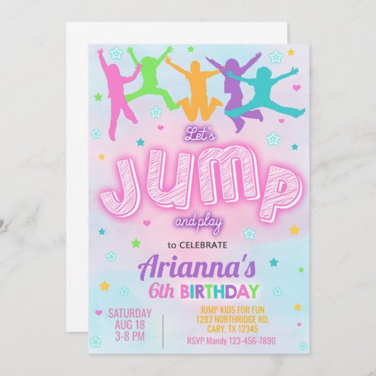 ジャンプ女の子の誕生日の招待、ジャンプ招待状。 招待状 (正面/裏面)