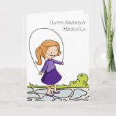 ジャンプ縄付き女の子パーソナライズされたハッピーバースデー カード (正面)