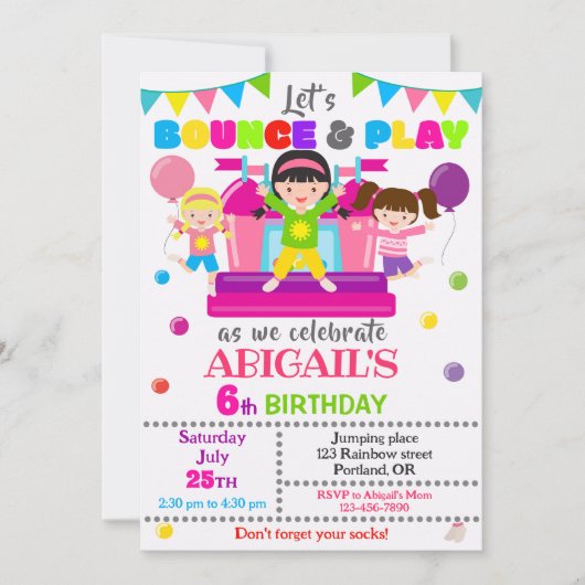 ジャンプ誕生日の招待ガールバウンスハウス招待状 招待状 (正面)
