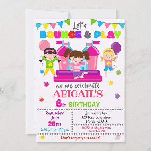 ジャンプ誕生日の招待ガールバウンスハウス招待状 招待状 (正面)