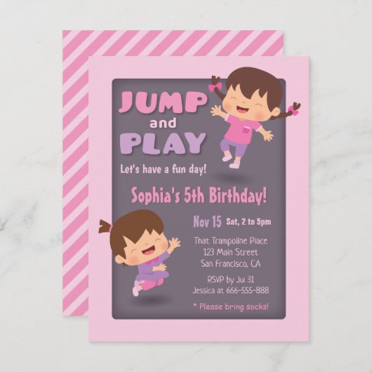 ジャンプ＆プレイ キュートな女の子のトランポリン誕生日パーティー 招待状 (正面/裏面)