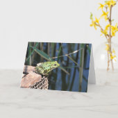 ジャンプ-緑カエルの挨拶状 カード (黄色い花)