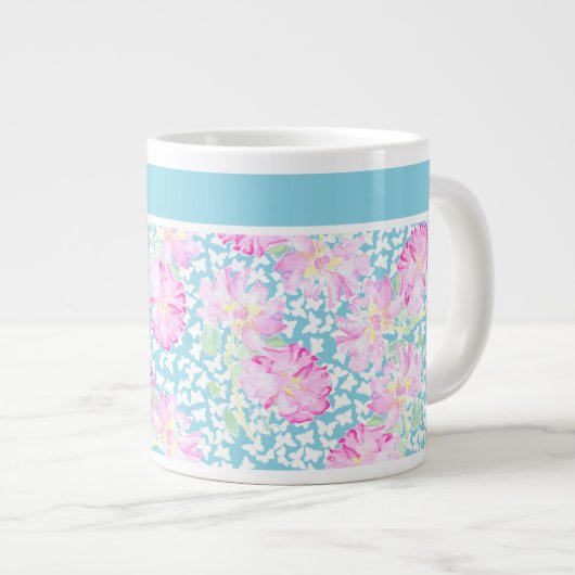 ジャンボかわいらしマグ、ピンクのバラ、白い蝶 ジャンボコーヒーマグカップ (正面右)